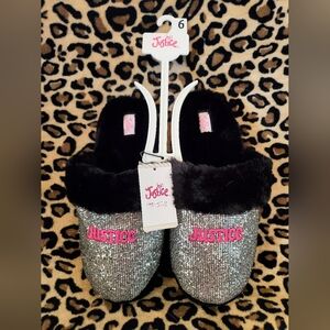 Justice Scuff Slippers 6 Big Girls Womens Black Silver Metallic Pink NWT